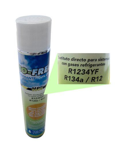 Gas refrigerante alternativo ECO FREEZE; sustituto directo de R12, R134A, bombona de 443 grs, equivalentes a 1275 grs de R12 o 1135 grs de R134A